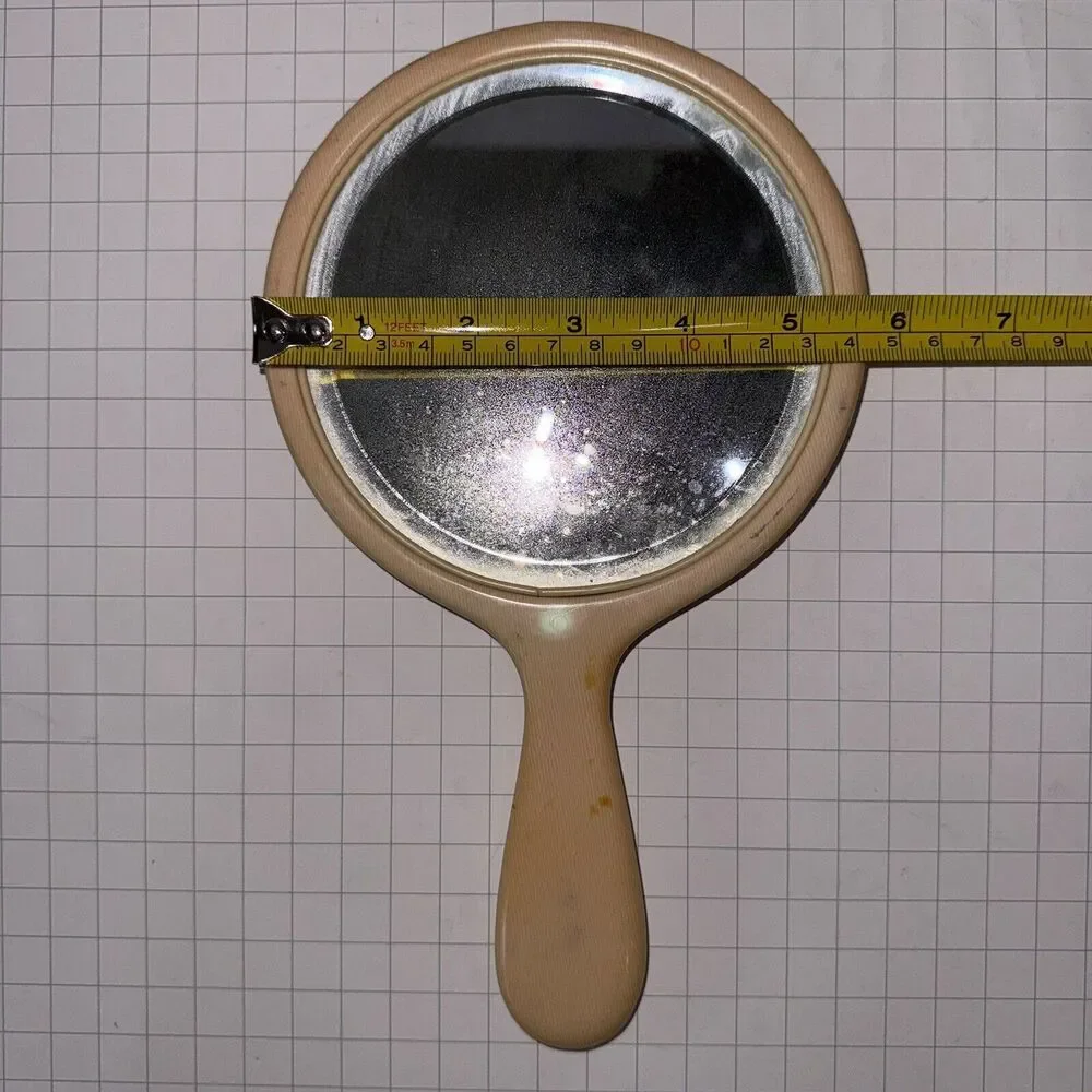 Vintage Art Deco Beveled Oval Celluloid Hand Mirror 9.5” approx Ivory Yellow
